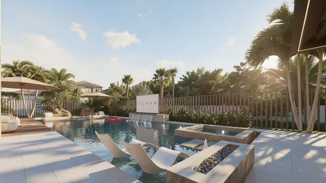 Render of the Arrivabene backyard, view 04 (floating loungers and fire)
